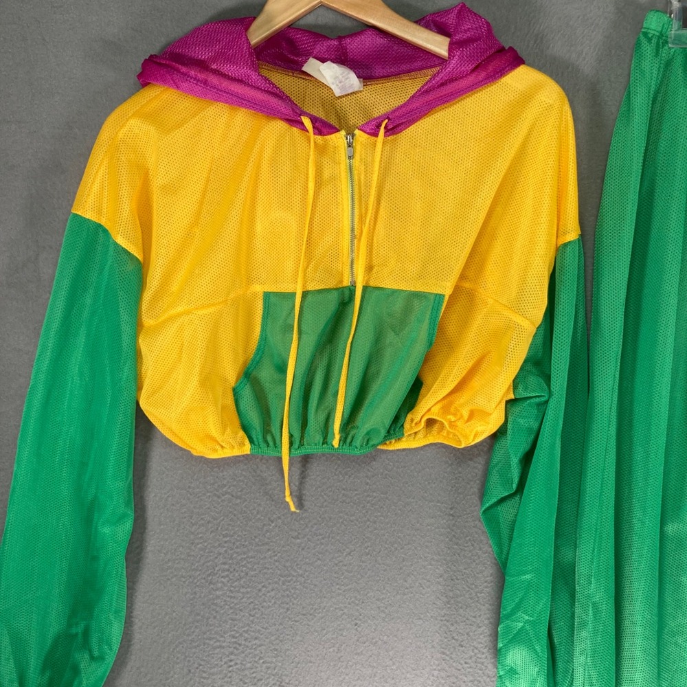 UO Yellow Green Pink Colorblock Mesh Cropped Zip Up Hoodie Pants Set L - Picture 2 of 14